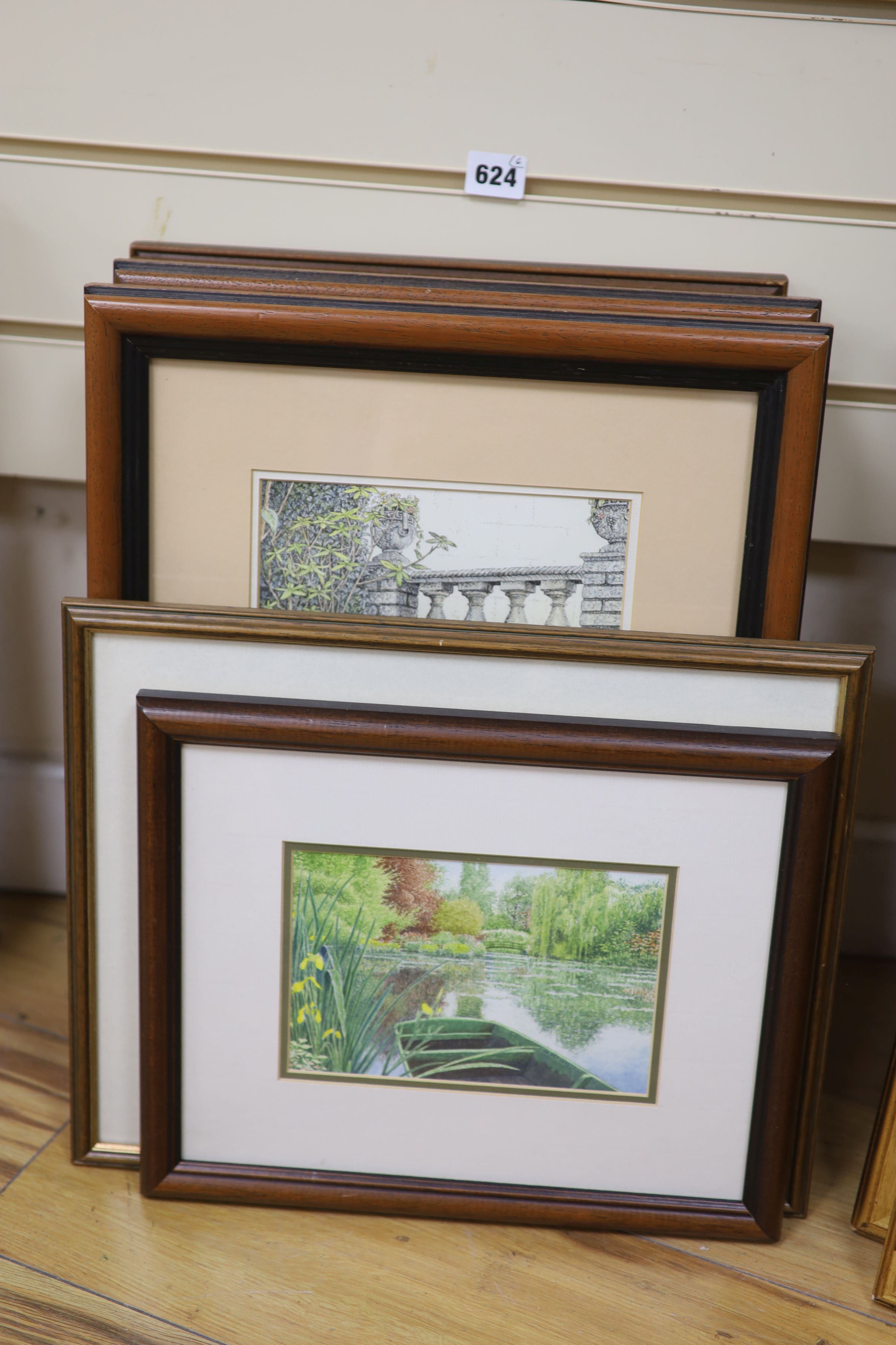 Ian Pethers SBA, six pen and wash drawings, Daffodils at Cotehele, Cornwall and water garden scenes, signed, most with exhibition labels, largest 26.5 x 18cm